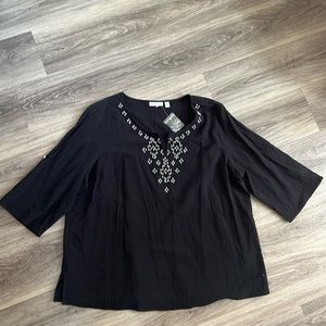 New Susan Graver Embellished Neckline 3/4 Sleeve Black Top 2X